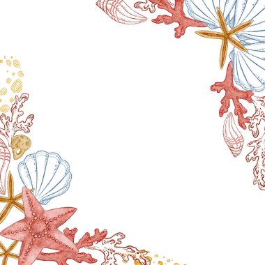 Square edging frame of sandy starfishes and red coral in watercolor style. Hand drawn outline art with in colored pencil sketch. Great for summer card template. Perfect for nautical coastal print.