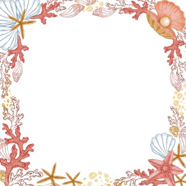 Square frame of seashells with pearl in watercolor style. Hand drawn line art with red starfish and coral in colored pencil sketch. Great for summer card template. Perfect for nautical coastal print.