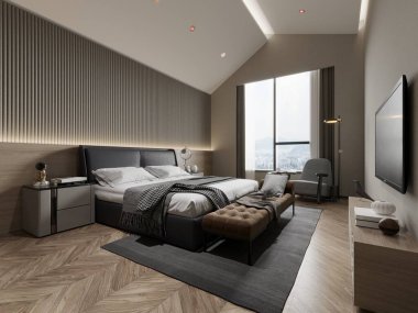 3D otel odası, yatak odası.