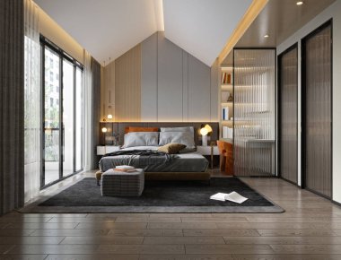 3D lüks otel odası, yatak odası.