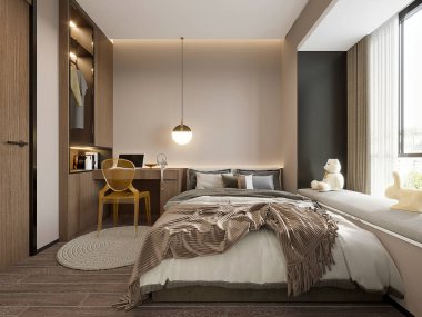 3D lüks otel odası, ev içi yatak odası.