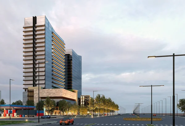 3d render business towers building view from street