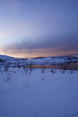Tromso, Norveç 'te günbatımında güzel manzara.