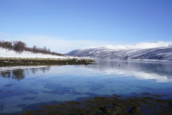 Reflexão Montanha Mar Tromso Fjordsi Norway — Fotografia de Stock
