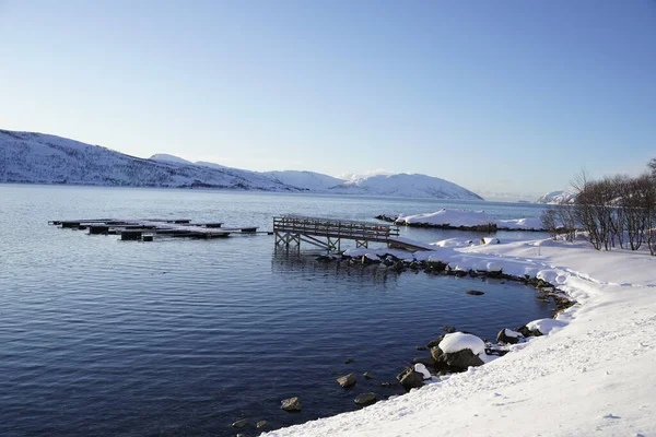 雪の冬の日 ノルウェーのトロムソの桟橋 — ストック写真