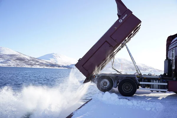 Big Truck Drops Snow Sea Tromso Harbor — Stock Photo, Image