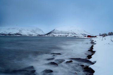 Tromso fiyortlarında karlı doğa manzarası