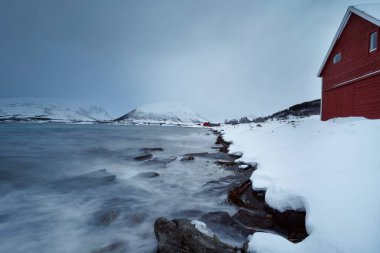 Tromso fiyortlarında karlı doğa manzarası