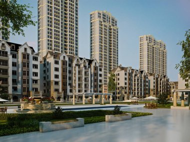 3D render alışveriş merkezi ve gökdelenler dış görünüş