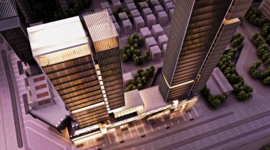 3D render alışveriş merkezi ve gökdelenler dış görünüş