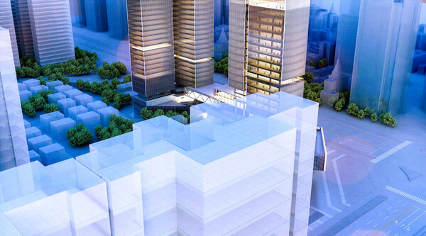 3d render shopping mall and skyscrapers exterior