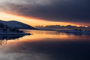  Tromso 'da karlı doğa ve deniz manzaralı gün batımı