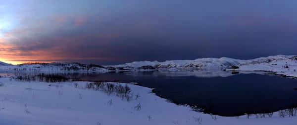 Landskap Solnedgång Snöig Natur Och Hav Tromso — Stockfoto