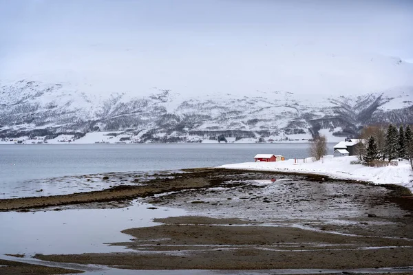 Reflejo Casa Montaña Sobre Mar Naturaleza Nevada Tromso —  Fotos de Stock