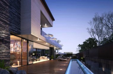 3D lüks villa manzaralı gün batımında