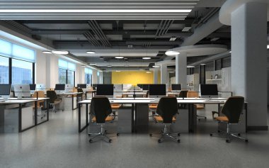 Büyük açık ofisin 3D görüntüsü