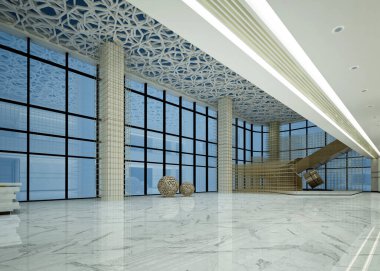 3D lüks otel lobisi resepsiyon salonu