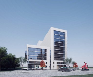 Gün batımında dış binanın 3D görüntüsü