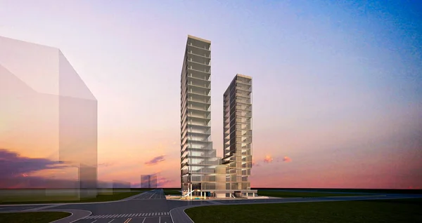 3d render of building exterior at sunset
