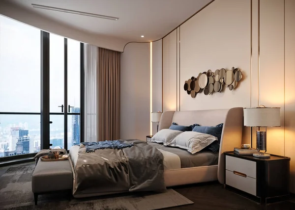 豪華なホテルの部屋 ベッドルームの3Dレンダリング — ストック写真