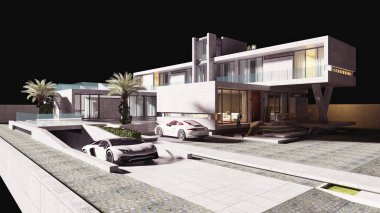 3D lüks villa evini geceleri dış görünüme dök