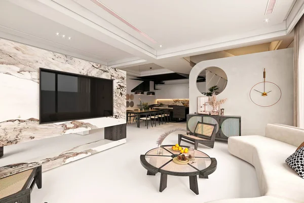 奢华雅致的家居室内装潢和客厅 3D渲染 — 图库照片