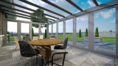 Pergola ve çardaklı modern villa evi. 3d oluşturma.