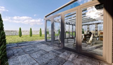 Pergola ve çardaklı modern villa evi. 3d oluşturma.