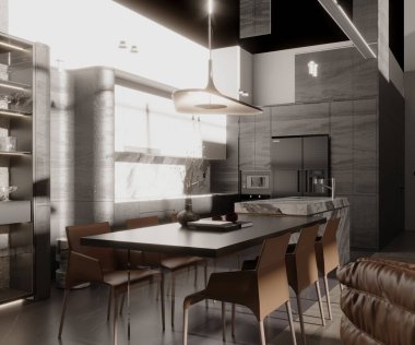 Amerikan evi ve teras güneşliği, pergola çardağı. 3d oluşturma