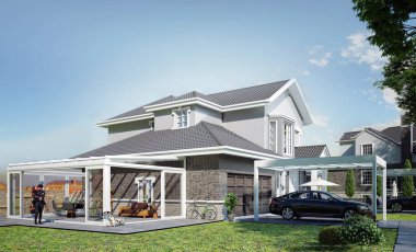 Amerikan evi ve teras güneşliği, pergola çardağı. 3d oluşturma