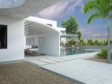 Dış uzayda modern Pergola sistemi. 3d oluşturma