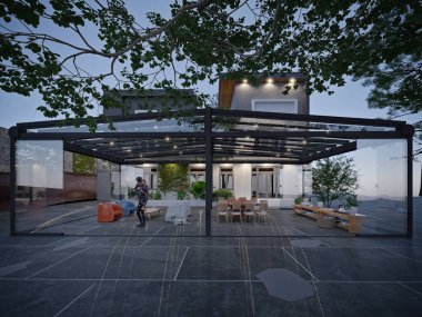 Dış uzayda modern Pergola sistemi. 3d oluşturma