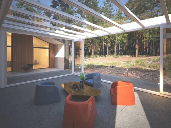 Modern Çiftlik Evi Terasta Güneşli Oda Görüntüleme — Stok fotoğraf