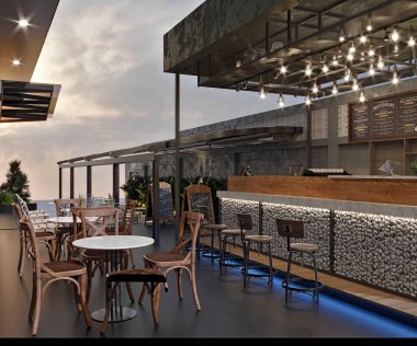 Pergola 'lı kafe restoran verandası kapağı, 3 boyutlu.