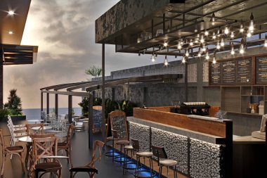 Pergola 'lı kafe restoran verandası kapağı, 3 boyutlu.