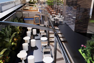 Pergola 'lı kafe restoran verandası kapağı, 3 boyutlu.