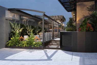 Pergola 'lı kafe restoran verandası kapağı, 3 boyutlu.