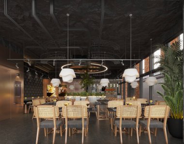 3D render kafe restoran iç görünümü