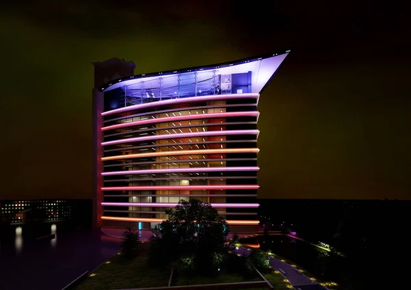 Building exterior view at night, 3d render