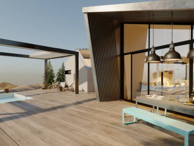 Arka bahçedeki 3D pergola sistemi.