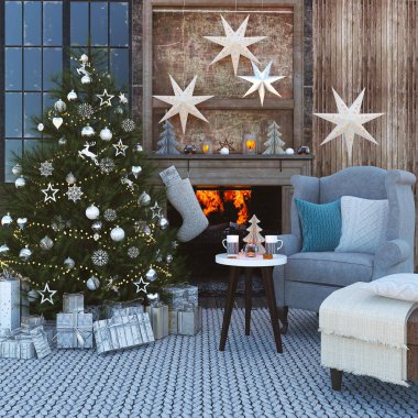 Yılbaşı dekorasyonu yeni yıl kutlaması. 3d oluşturma