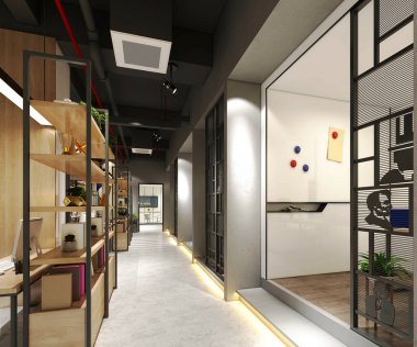 Çalışma odasının 3D görüntüsü, iç mimari.