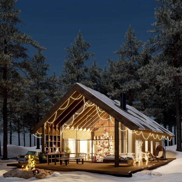 3d render forest wooden house at night
