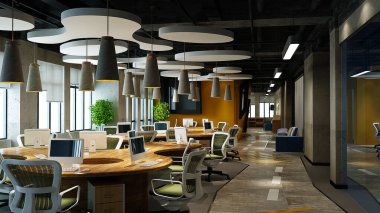 Modern çalışma ofisinin 3D görüntüsü