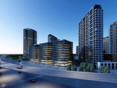 3d render building exterior shopping mall skyscrapers at night