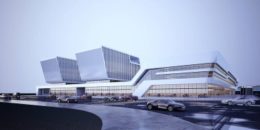 3d render building exterior shopping mall skyscrapers at night