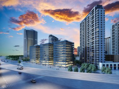 3d render building exterior shopping mall skyscrapers at night