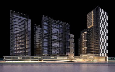 3d render building exterior shopping mall skyscrapers at night