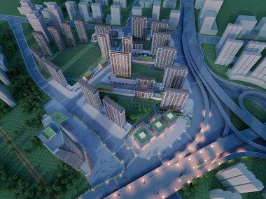 3D gökdelenlerin gece alışveriş merkezinin dış görünüşü