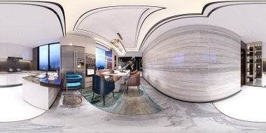 Üç boyutlu modern ev dekorasyonu, oturma odası. 360 derece görünüm